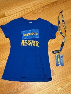 Blockbuster Blue 'Be Kind. Rewind.' Graphic Tee Size M and lanyard